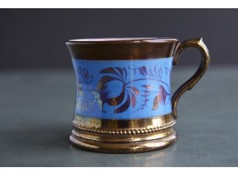 19th Century English Copper Luster Mug With Blue Flower Band