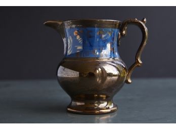 19th Century English Copper Luster Pitcher With A Blue Flower Band