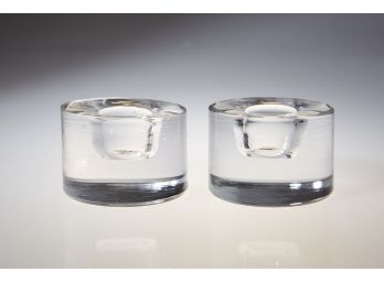 Pair Of Danish Heavy Round Clear Glass Candleholder