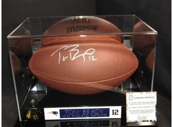 Signed Tom Brady NE Patriots Full Sized Football With COA In Handsome Acrylic Mirrored Case