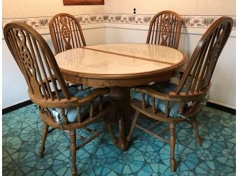 Dining Room Tile Top Table On Pedestal With Windsor Wheel Chairs