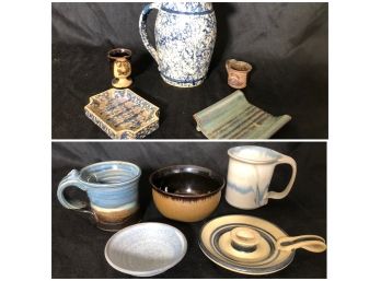 Pottery Lot Water Pitcher, Soap Dish, Candle Stick, Mugs