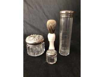 Sterling Silver Topped Vanity Canister Set & Shaving Brush