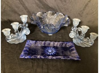 Centerpiece Lot 12 In Flare Bowl, 3 Tier Candle Holders, Signed Plate