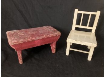 Antique Step Stool And Toy Chair