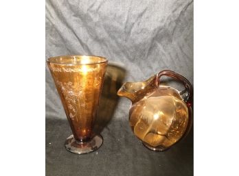 Large Amber Vase And Pitcher