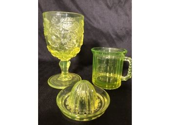 Vaseline Glass Juicer, Goblet And Measure Cup