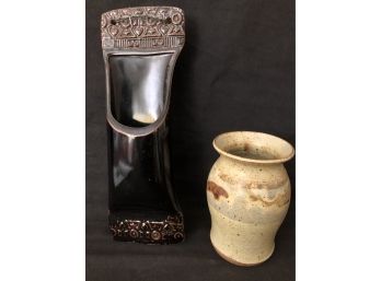 2 Vases, Table Top Pottery Vase And Wall Hung Vase