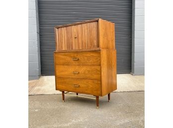 Mid Century Red Lion Furniture Tallboy Dresser With Tambour Doors And Brass Supports