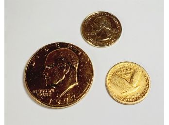 Three Gold Plated Coins (Ike Dollar, Washington Quarter  Silver Standing Liberty Quarter)