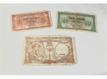 World War 2  Bills From Belgium (5, 10, 20 Francs)