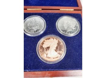 Three Replica Coins In Wooden Display Case