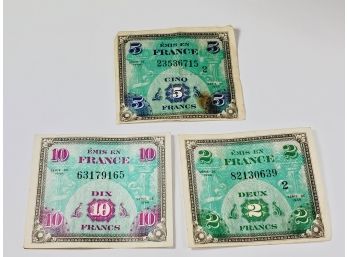 World War 2  French  Military Bills (2,5,and 10 Francs)