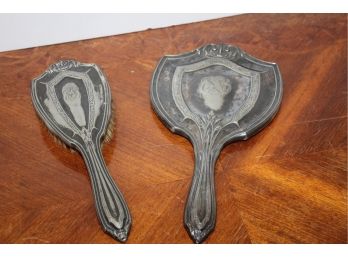 Antique Silver Plate Monogrammed 'SL'  Ladies Hand Mirror & Brush Set