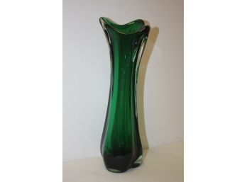 Vintage Green/Clear Handblown Stretch Glass Flower Vase