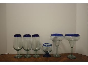 Pre Owned Mixed Lot Of 6 Mexican Cobalt Rimmed Stemware Glasses