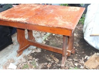 Antique Wood Trestle Table With Hidden Leaf