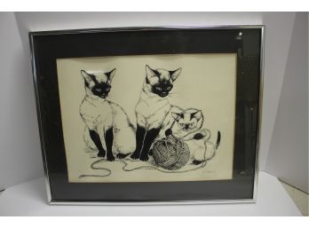 E. Craddock Signed Siamese Cats Matted Framed Print