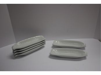 Set Of Six White Ceramic Corn On The Cob Dishes