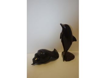 Two Carved Wood Figurines, Dolphin & Shell