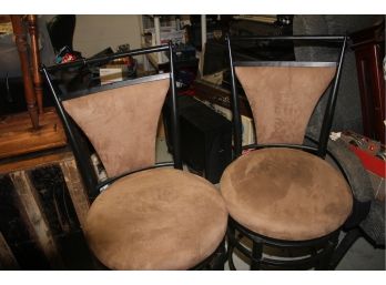 Two Swivel Bar Stools, Brown Micro Suede With Black Frames