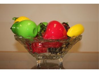Eight Pieces Murano Like Blown Glass Fruit In Round Clear Footed Glass Bowl