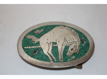 Vintage Silver(?)& Inlaid Turquoise Cowboy Horse Belt Buckle