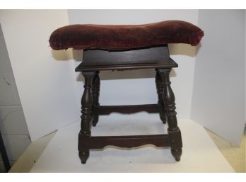 Antique Wood & Velvet Maroon Upholstered Stool