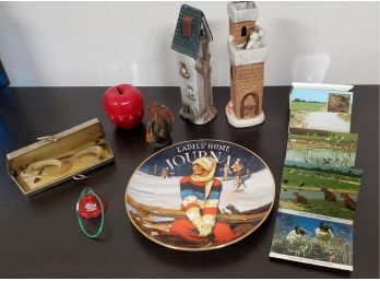 Misc Treasure Lot - Apple Kitchen Timer, Collect. Plate,Antique Glasses In Fabric Case, Ceramic Towers, Photos