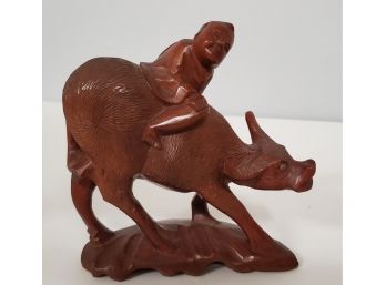 Vintage Hand- Carved Villager Perched Atop His Water Buffalo