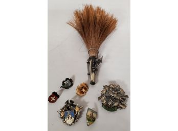 Lot Of 7 Unique Swiss & Austrian Alps Hiker Hat Pins - Includes A Whisk Broom & Pin