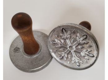 Two Vintage Nordic Ware Wood Handle & Metal Press Snowflake Cookie Stamps