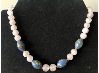 Lovely Rose Quartz And Hand Crafted Enamel Bead Necklace