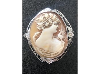 Lovely Creme Colored Antique Cameo With Metal Ornate Framing