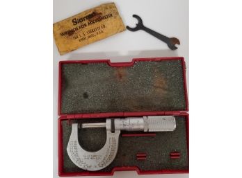 Vintage Working Starrett Micrometer In Original Case With Wrench. Manufactured In Athol, Mass.