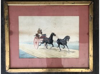 Richard Rosenbaum Watercolor Hand Signed Matted & Framed Antique English Horse Drawn Carriage Hunting Scene