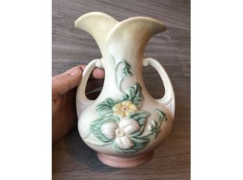 Hull Art Pottery Medium Vase Double Handled White With Wildflowers USA W 8-7 1/2