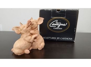 Cute Piglets Sculpture By Castagna Of Italy Orig Box - Alabaster