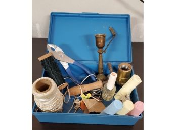 Vintage School / Utility Box Misc Treasure Lot - Players, Play Chalk, Twine & Wire, Brass Candle Holder, Tools