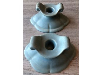 Weller Pottery Since 1872 Pair Of Matte Aqua Colored Candle Holders