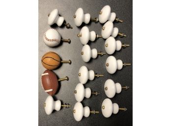 Lot Of Seventeen Door Cabinet Knobs: White Porcelain: Baseball/football/baseball With Hardware