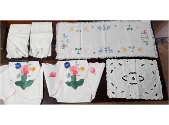 Vintage Hand- Made Linens - Doilies -Napkins - Colorful With Flowers