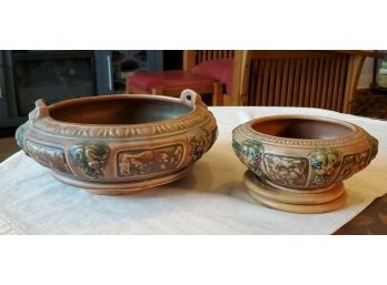 2 Roseville Art Pottery Florentine Brown & Green Low Center Bowls Loaded With Beautiful Garlands & Grape Vines