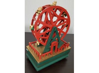 Vintage Hand- Painted Wood Ferris Wheel Music Box With 8 Teddy Bears. Plays 'silent Night'
