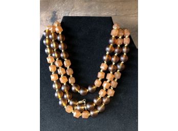 Handblown Multifaceted  Amber & Orange Colored Glass Art Bead Necklace