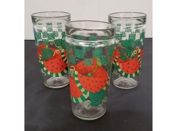 3 Vintage Tall Beverage/ Water Glasses With Watermelon Designs