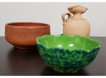 Pottery Trip- Clay Pitcher, Decorated Brown Planter, & Green Bowl