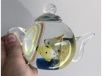 Handblown Aquatic Themed Glass Teapot 4 Inch By 6 Inch