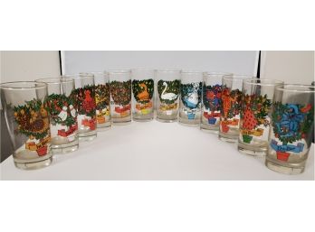 The 12 Days Of Christmas 12 Oz Beverage Glasses & Original Box. American Glass  By Indiana Glass Co.