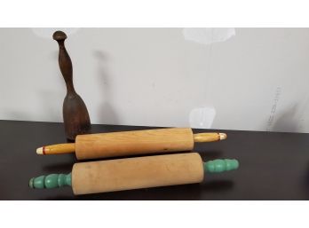 Two Antique Rolling Pins & 1 Potato / Root Vegetable Masher